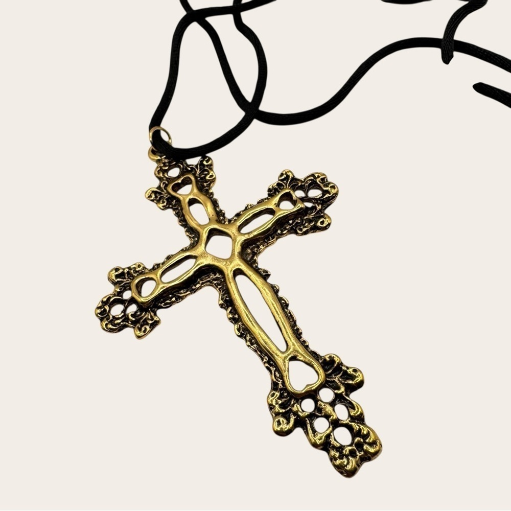 Gold Gothic Cross Pendant Necklace on Black Cord | Adjustable Statement Necklace